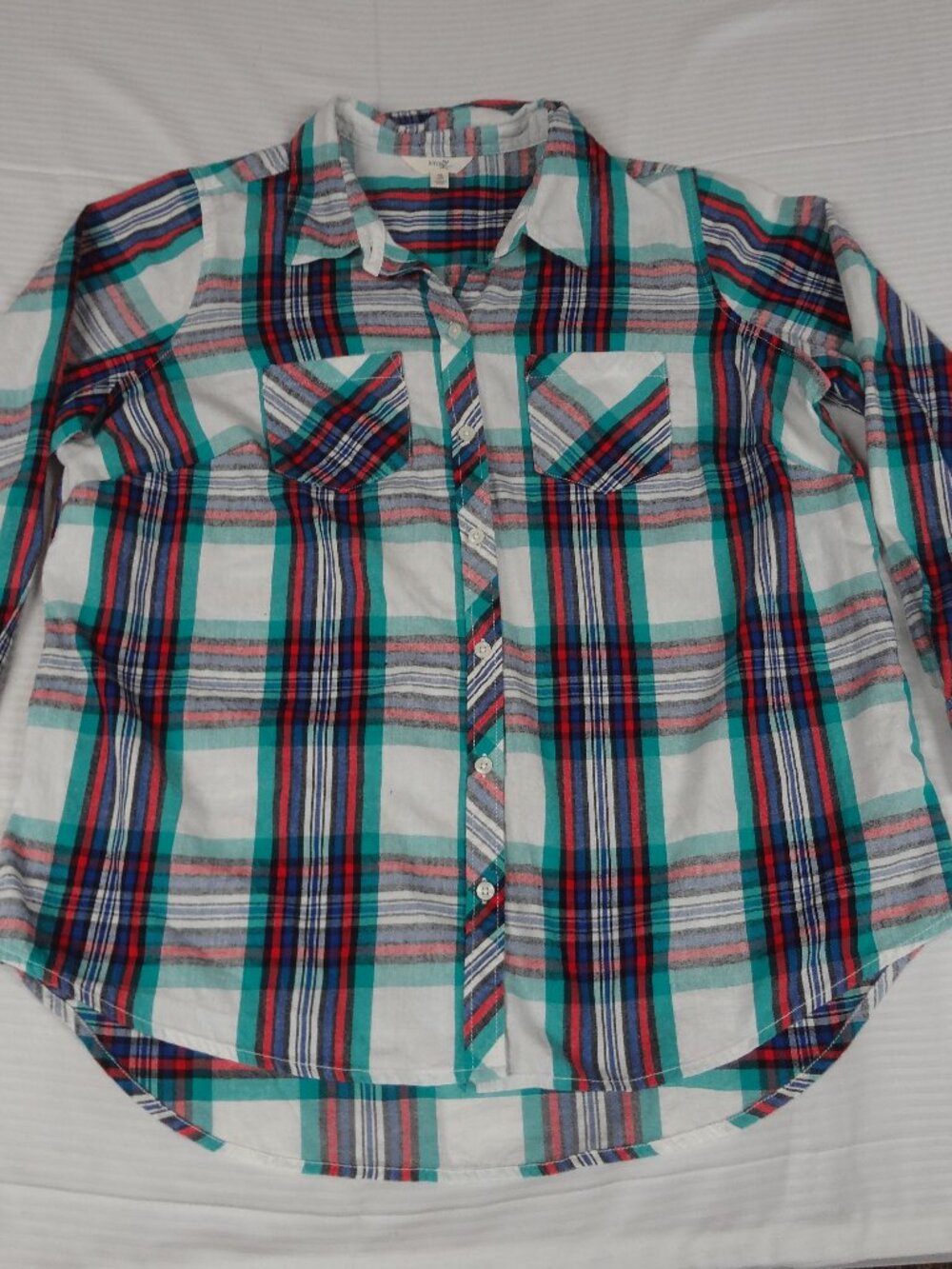 TERRA & SKY WHITE BLUE RED PLAID CHECKERED BUTTON UP 0X WOMENS SHIRT L819